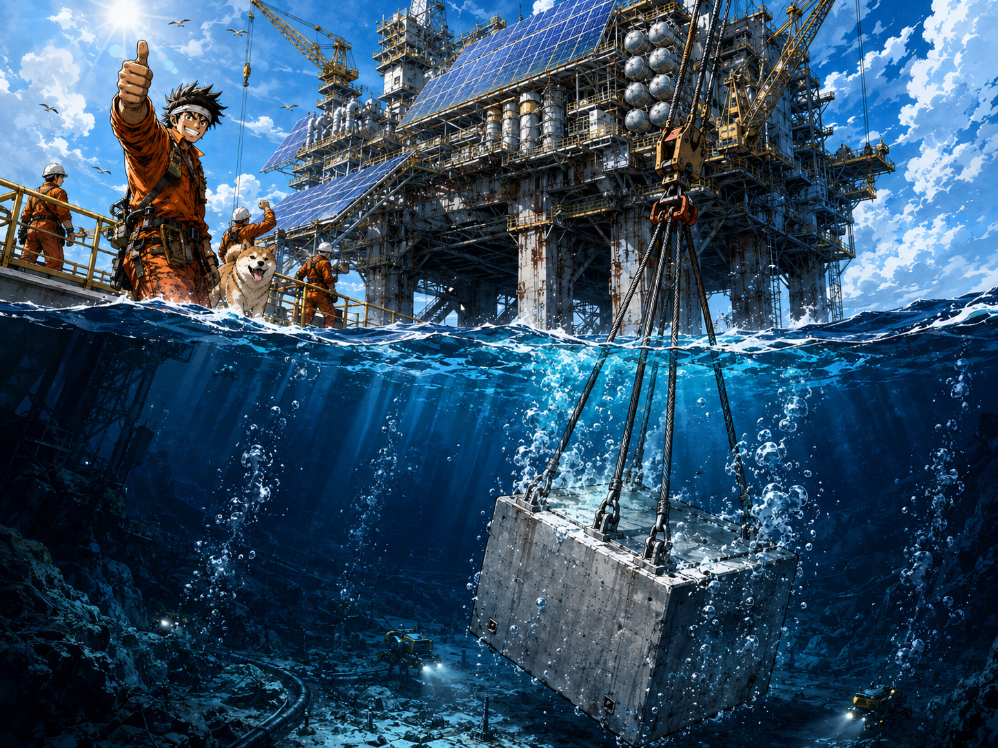 Gravity block being lowered from a solar power rig toward the ocean floor