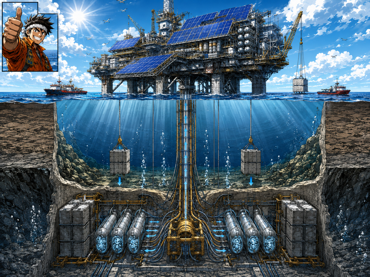 Cutaway of the Solar Power Rig ocean floor battery system