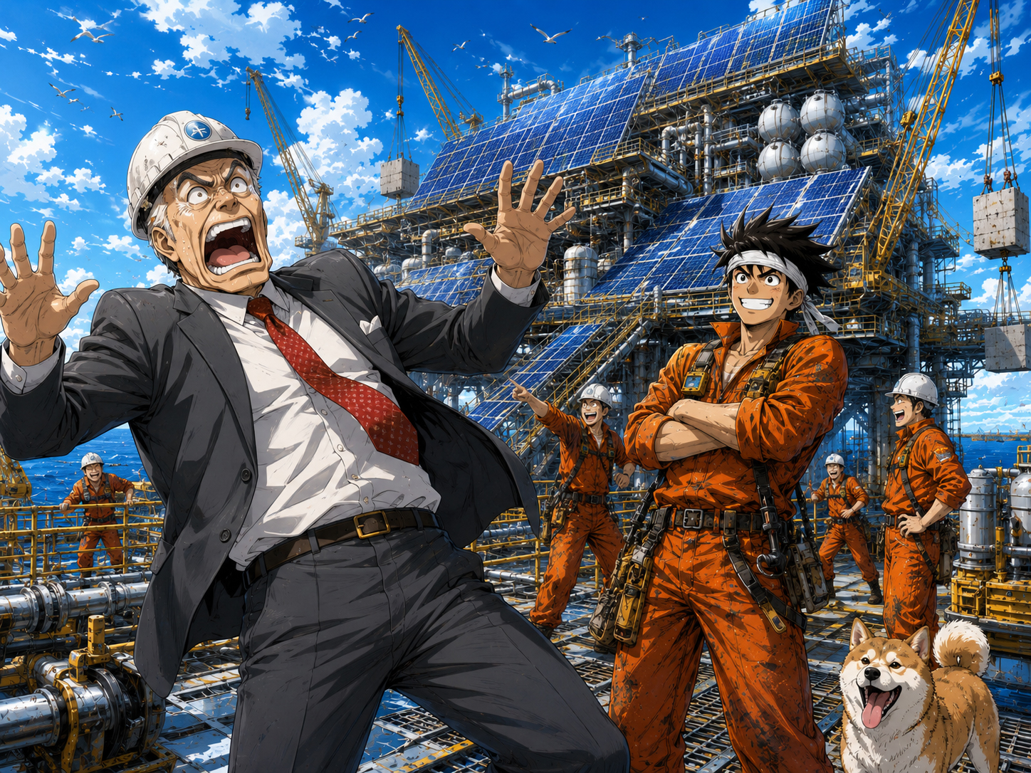 Oil boss panicking after seeing the oil rig converted to solar power