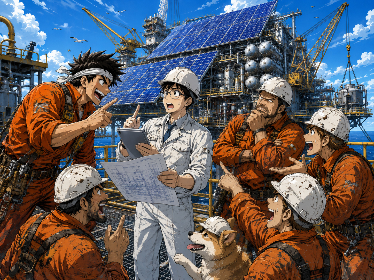 Roughneck crew arguing with a solar engineer