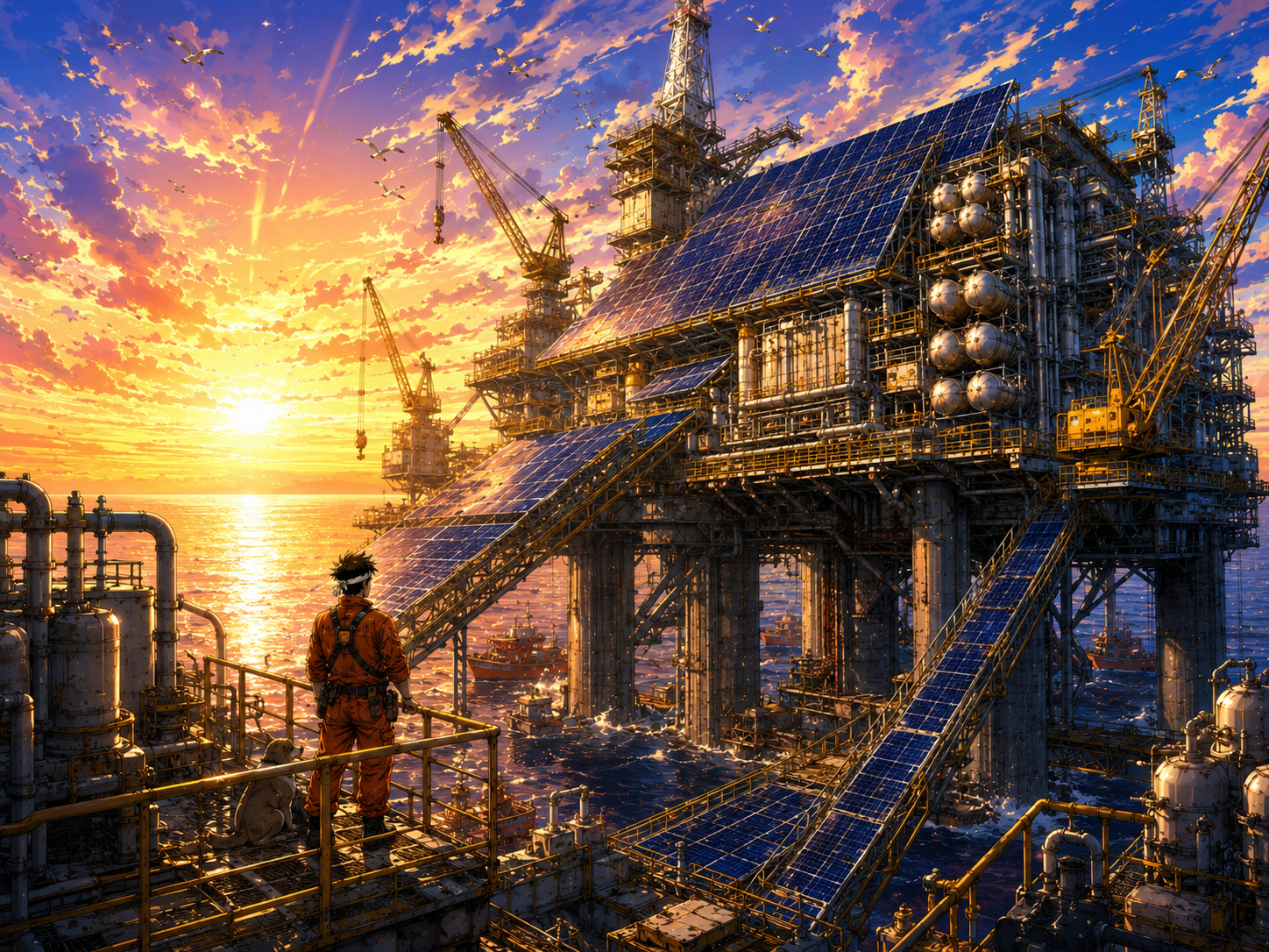 Solar-covered offshore platform at sunrise